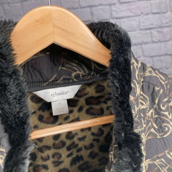 CJ Banks‎ 2X Black Brown Leopard Paisley Fleece Lined Faux Fur Collar Vest Plus - Picture 3 of 4